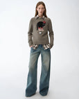 "Climber" leather - coated distressed straight low - rise cotton denim trousers for spring - variant_title