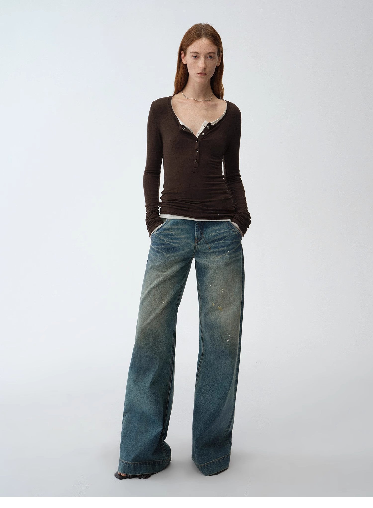 "Climber" leather - coated distressed straight low - rise cotton denim trousers for spring - variant_title