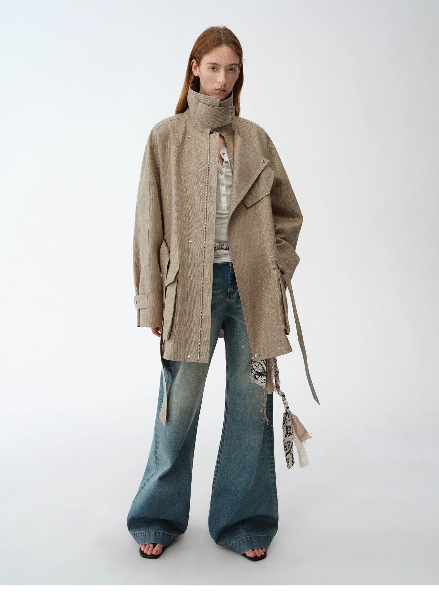 "Climber" leather - coated distressed straight low - rise cotton denim trousers for spring - variant_title