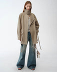 "Climber" leather - coated distressed straight low - rise cotton denim trousers for spring - variant_title