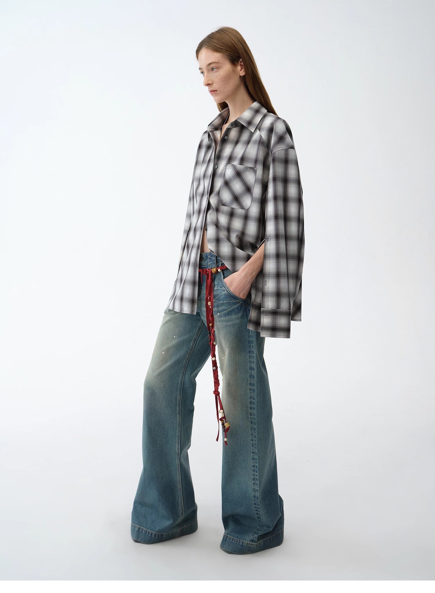 "Climber" leather - coated distressed straight low - rise cotton denim trousers for spring - variant_title