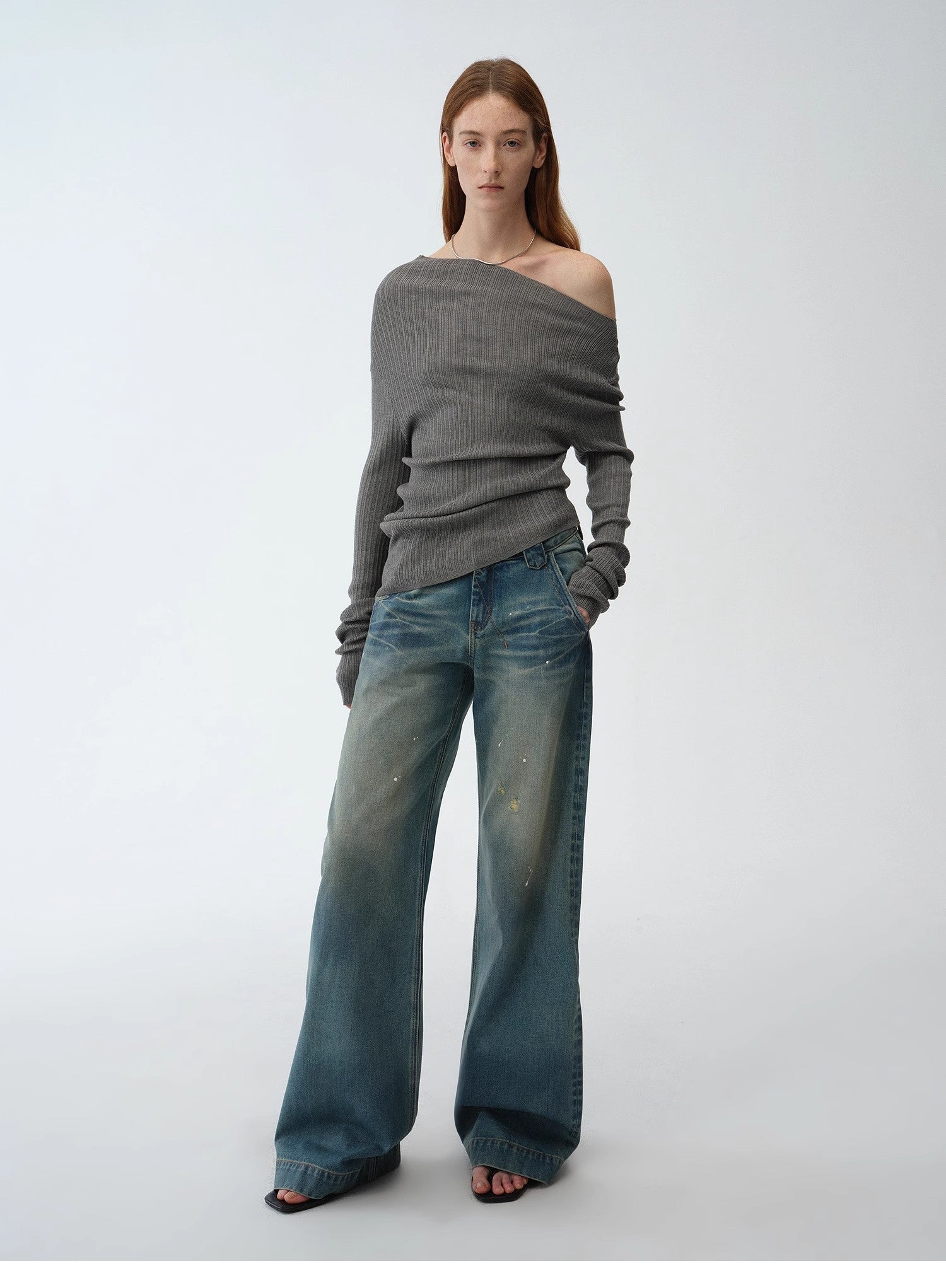 "Climber" leather - coated distressed straight low - rise cotton denim trousers for spring - variant_title