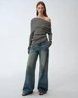 "Climber" leather - coated distressed straight low - rise cotton denim trousers for spring - variant_title