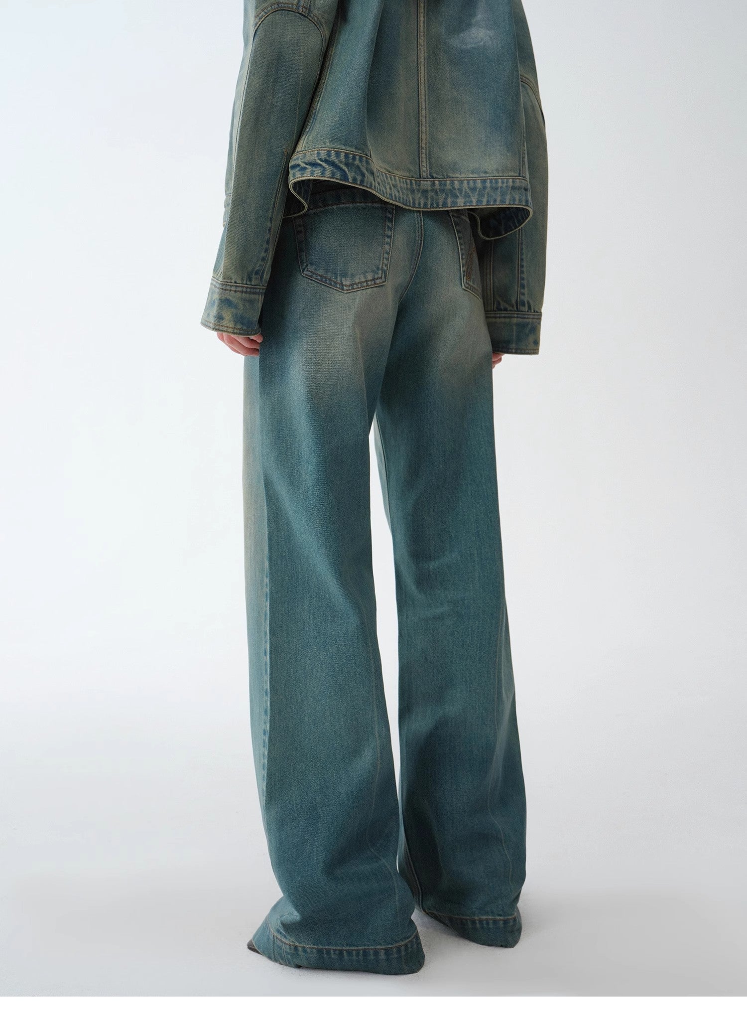 "Climber" leather - coated distressed straight low - rise cotton denim trousers for spring - variant_title