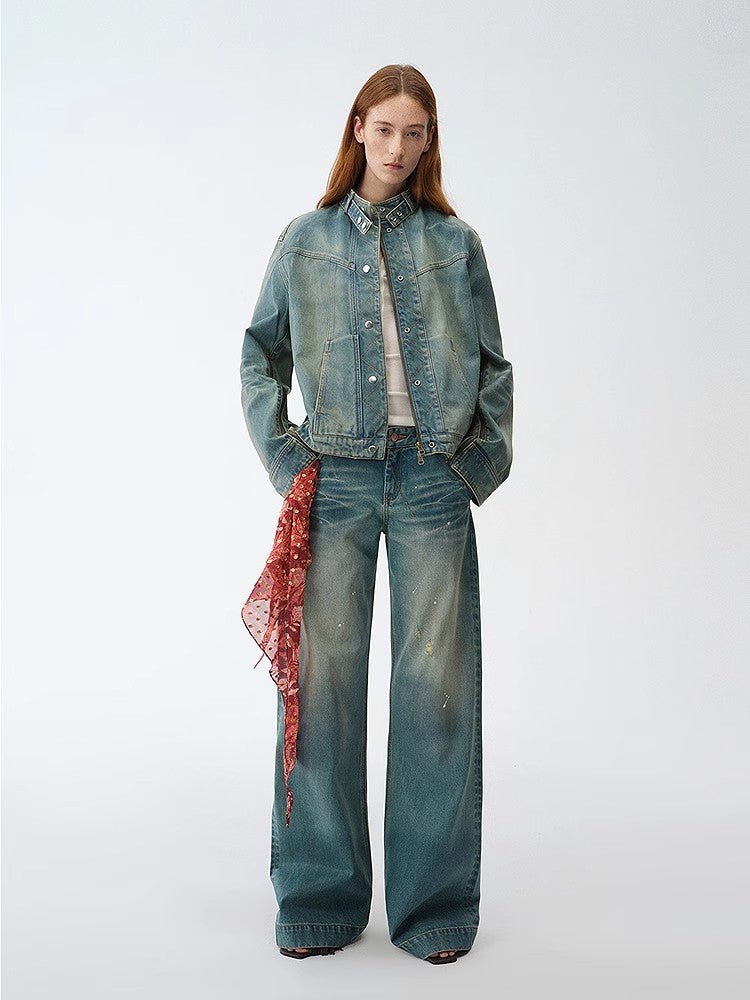 "Climber" leather - coated distressed straight low - rise cotton denim trousers for spring - variant_title