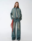 "Climber" leather - coated distressed straight low - rise cotton denim trousers for spring - variant_title
