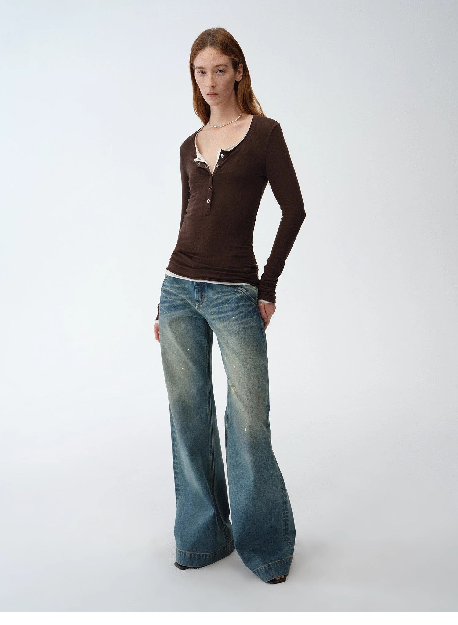 "Climber" leather - coated distressed straight low - rise cotton denim trousers for spring - variant_title