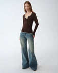 "Climber" leather - coated distressed straight low - rise cotton denim trousers for spring - variant_title