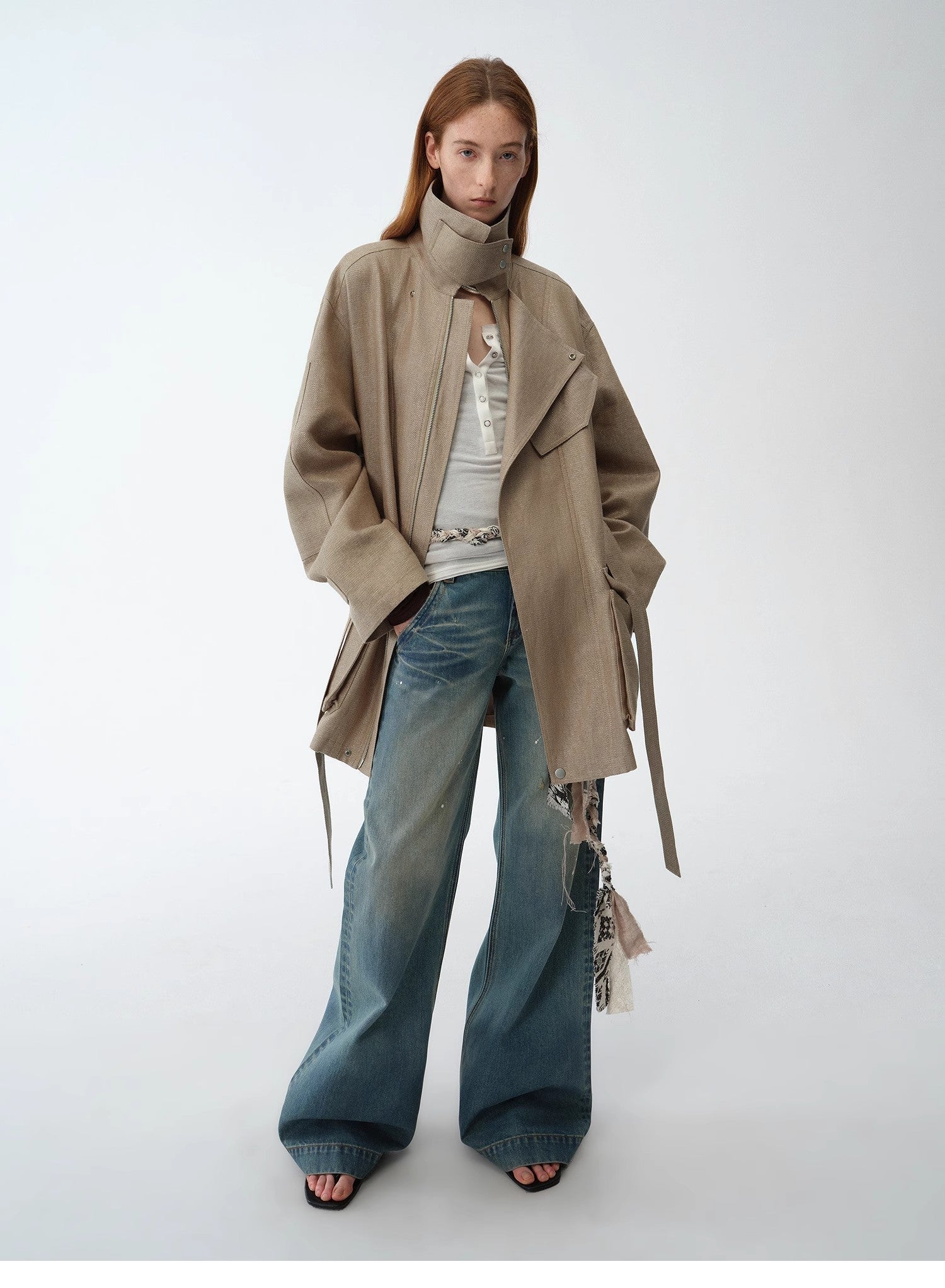 "Climber" leather - coated distressed straight low - rise cotton denim trousers for spring - variant_title
