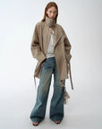 "Climber" leather - coated distressed straight low - rise cotton denim trousers for spring - variant_title