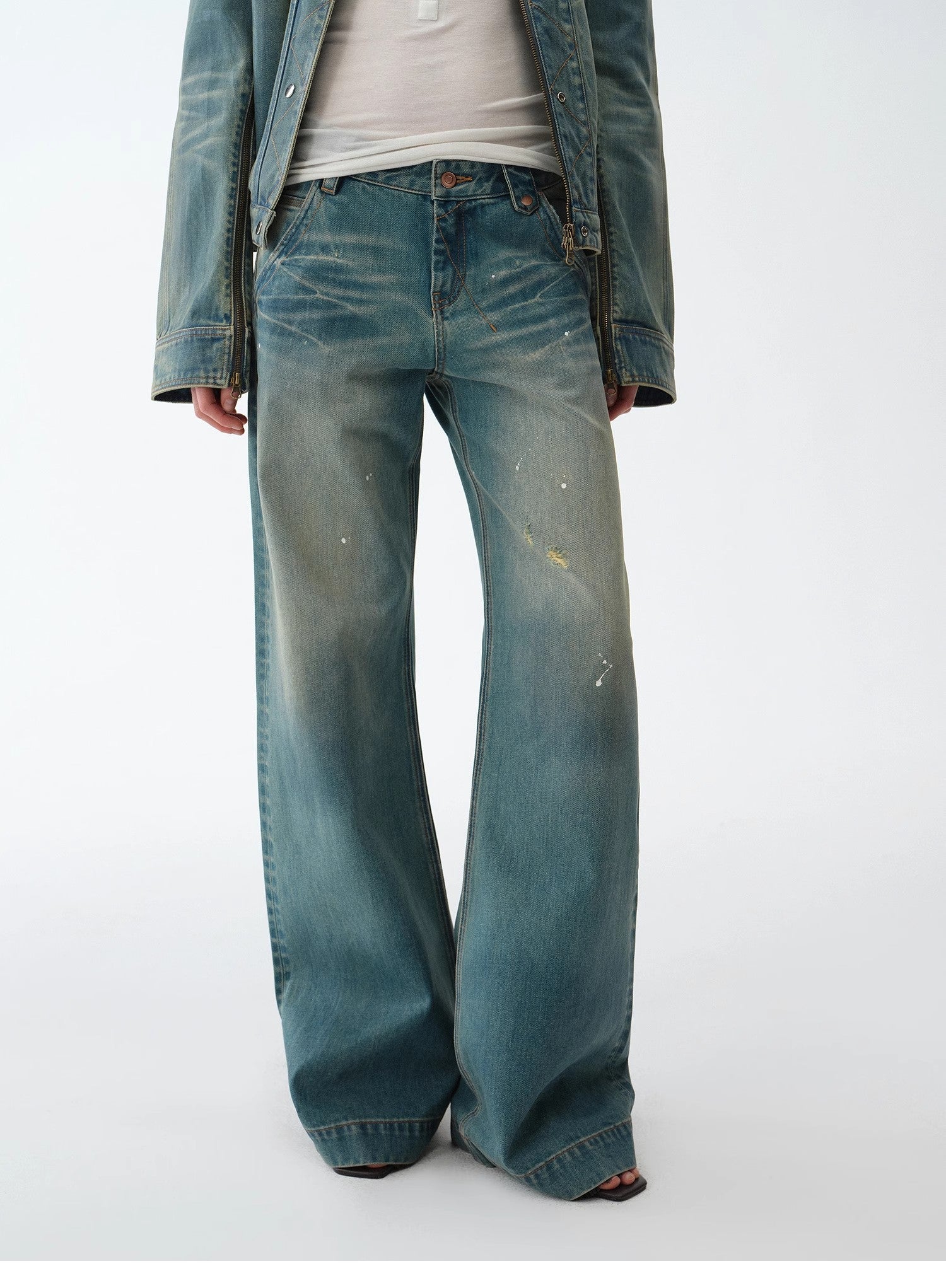 "Climber" leather - coated distressed straight low - rise cotton denim trousers for spring - variant_title