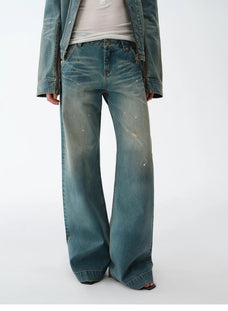 "Climber" leather - coated distressed straight low - rise cotton denim trousers for spring - variant_title