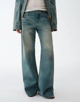 "Climber" leather - coated distressed straight low - rise cotton denim trousers for spring - variant_title