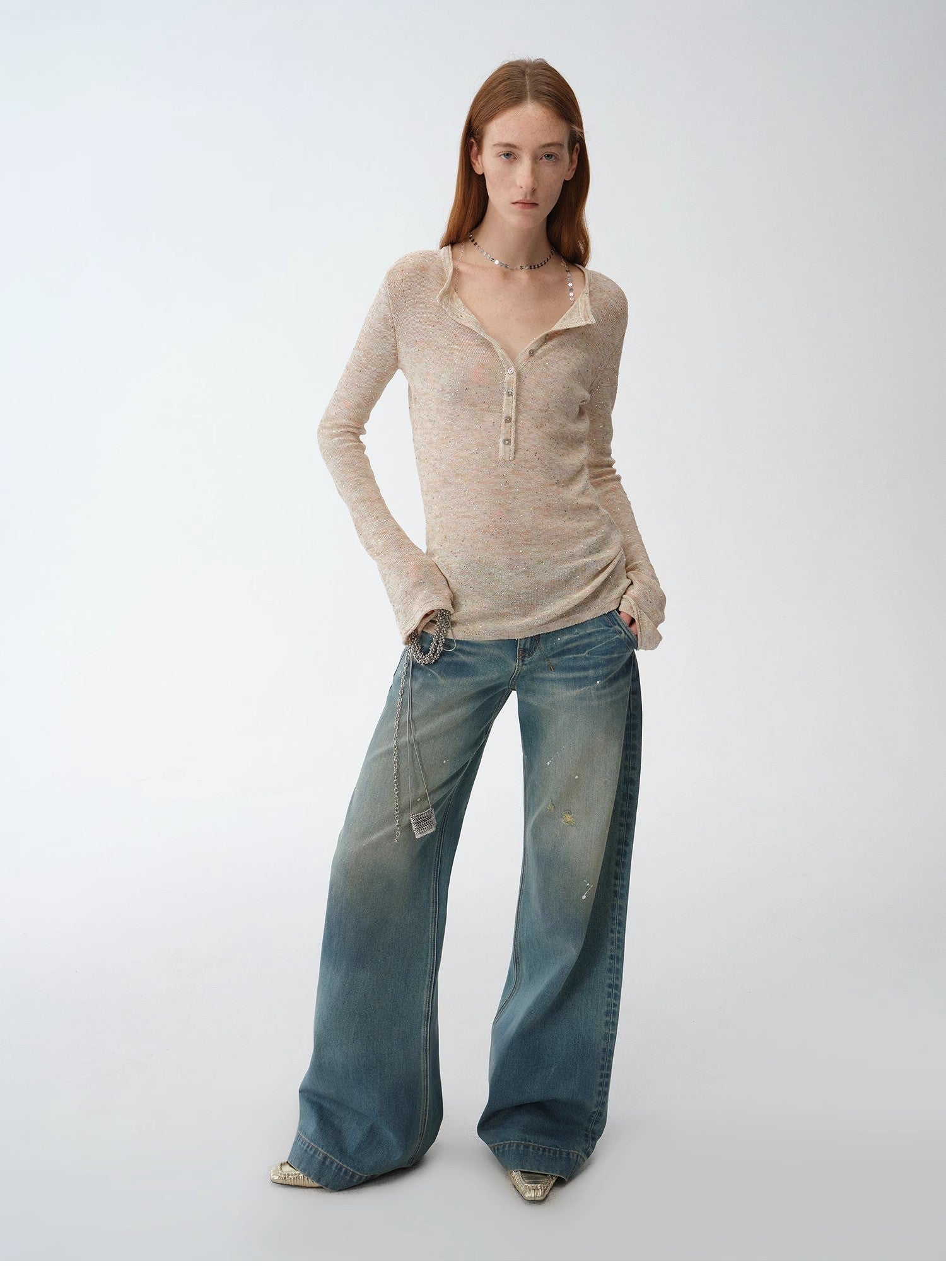 "Climber" leather - coated distressed straight low - rise cotton denim trousers for spring - variant_title