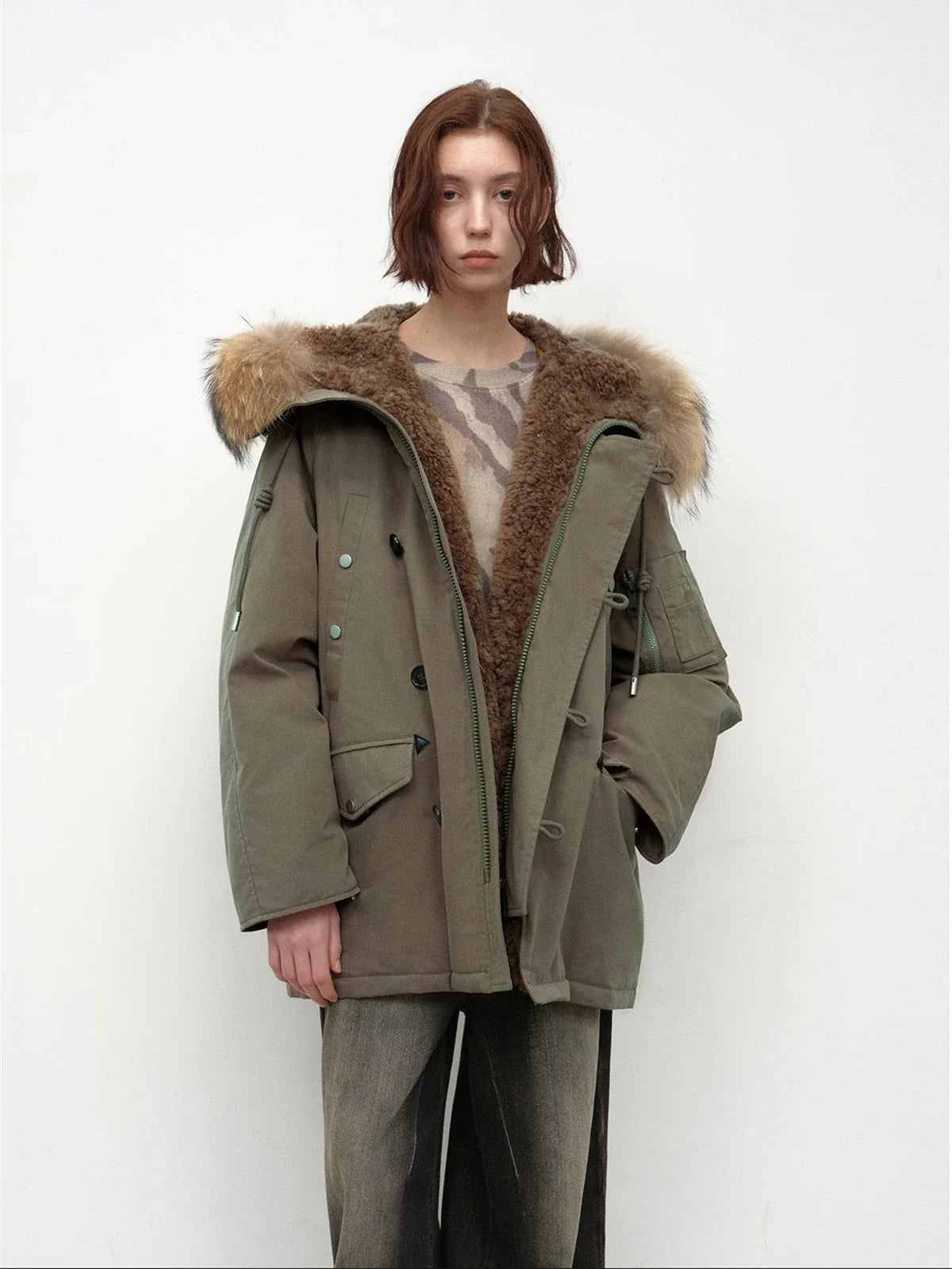 Fireladyfur Coastal Highway II gray bean green shearling lined down parka front view