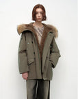 Fireladyfur Coastal Highway II gray bean green shearling lined down parka front view