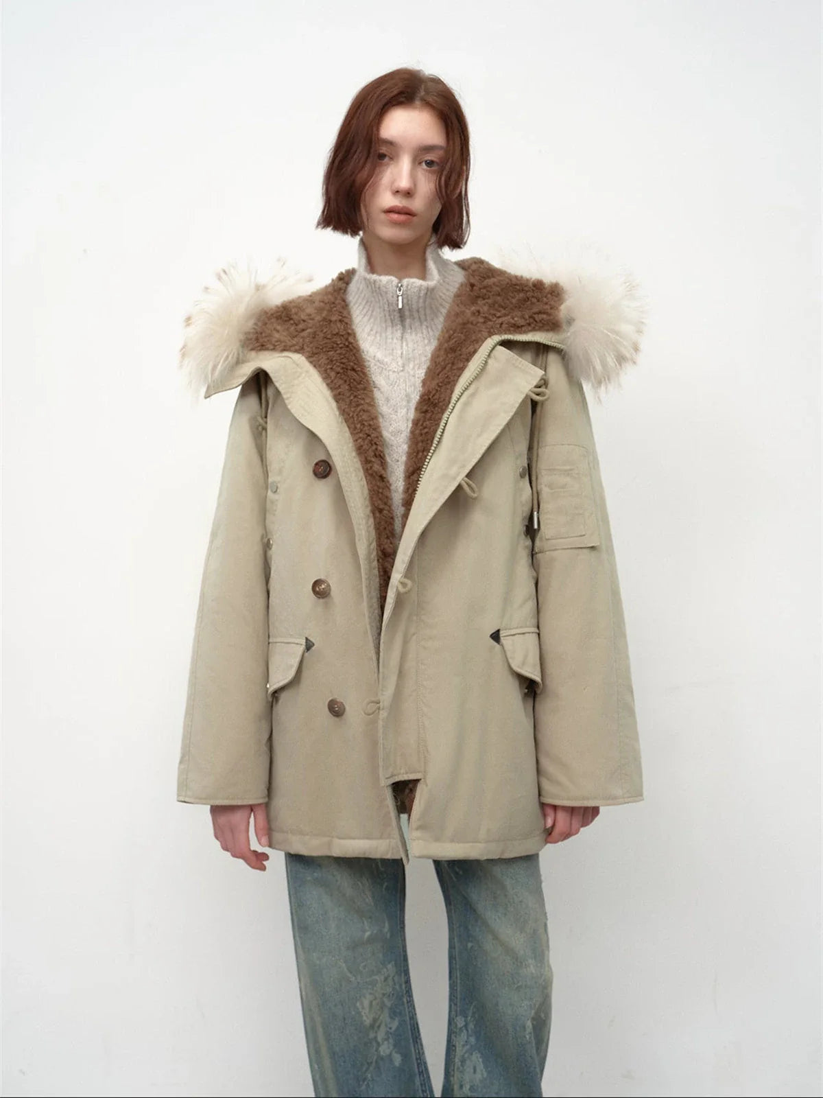 Fireladyfur Coastal Highway II light khaki shearling lined down parka front view