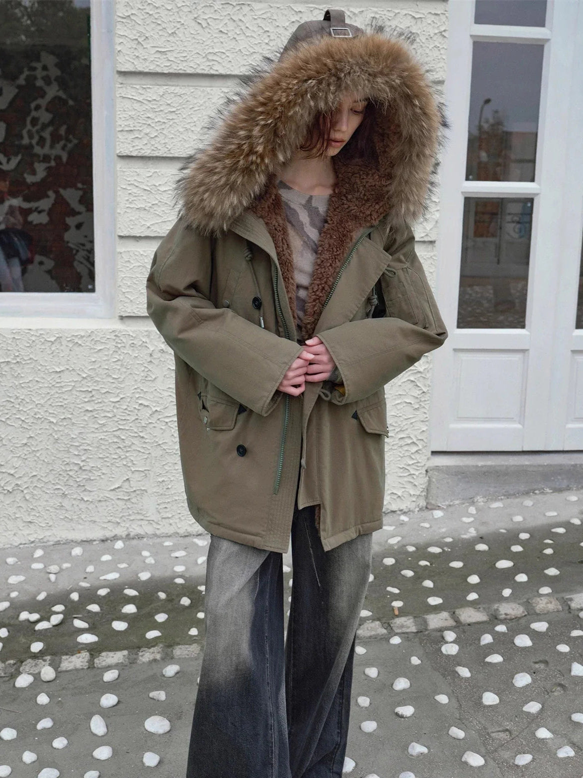 Fireladyfur Coastal Highway II shearling lined down parka outdoor front view