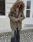 Fireladyfur Coastal Highway II shearling lined down parka outdoor front view