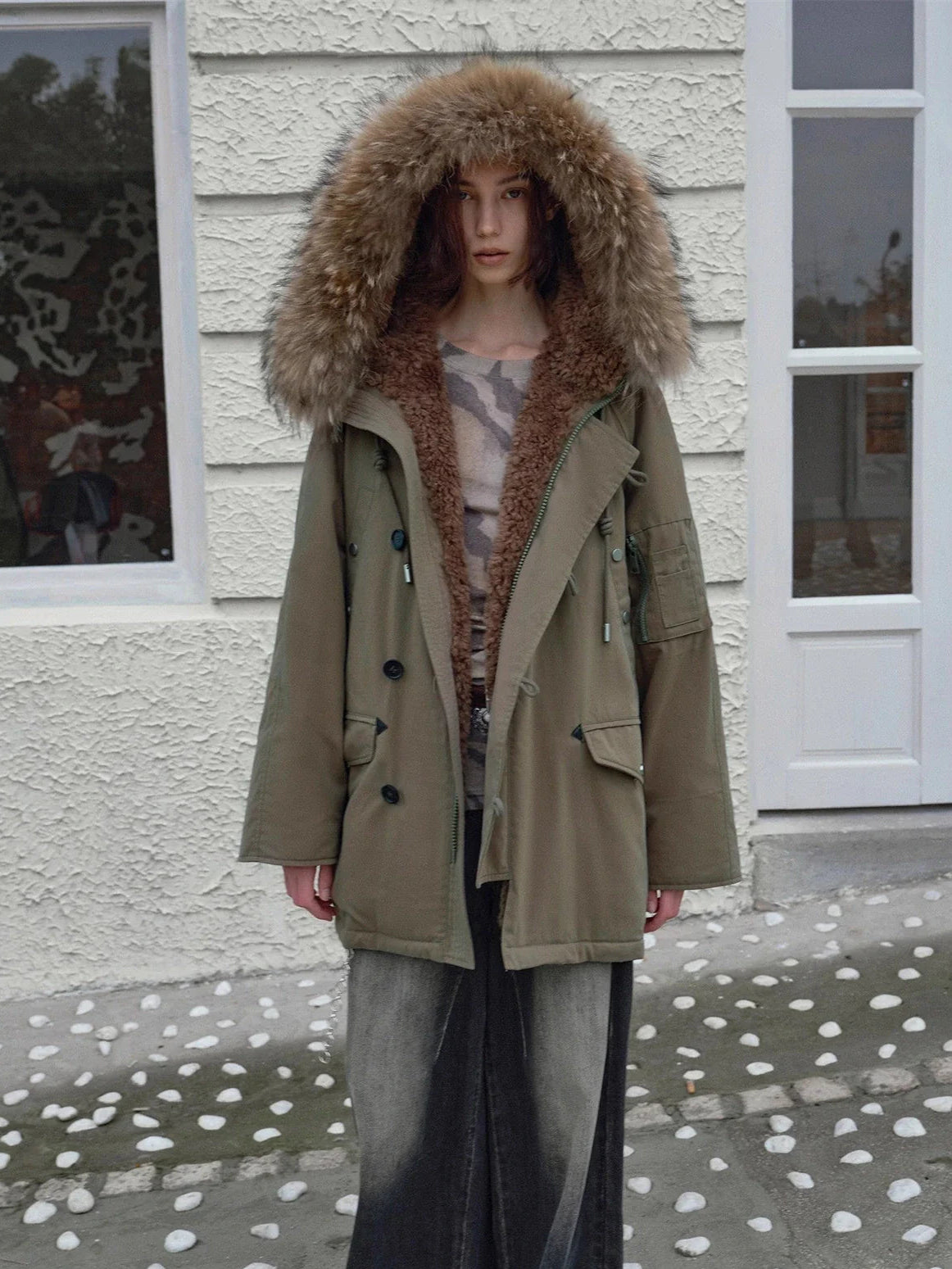 Fireladyfur Coastal Highway II shearling lined down parka walking side view