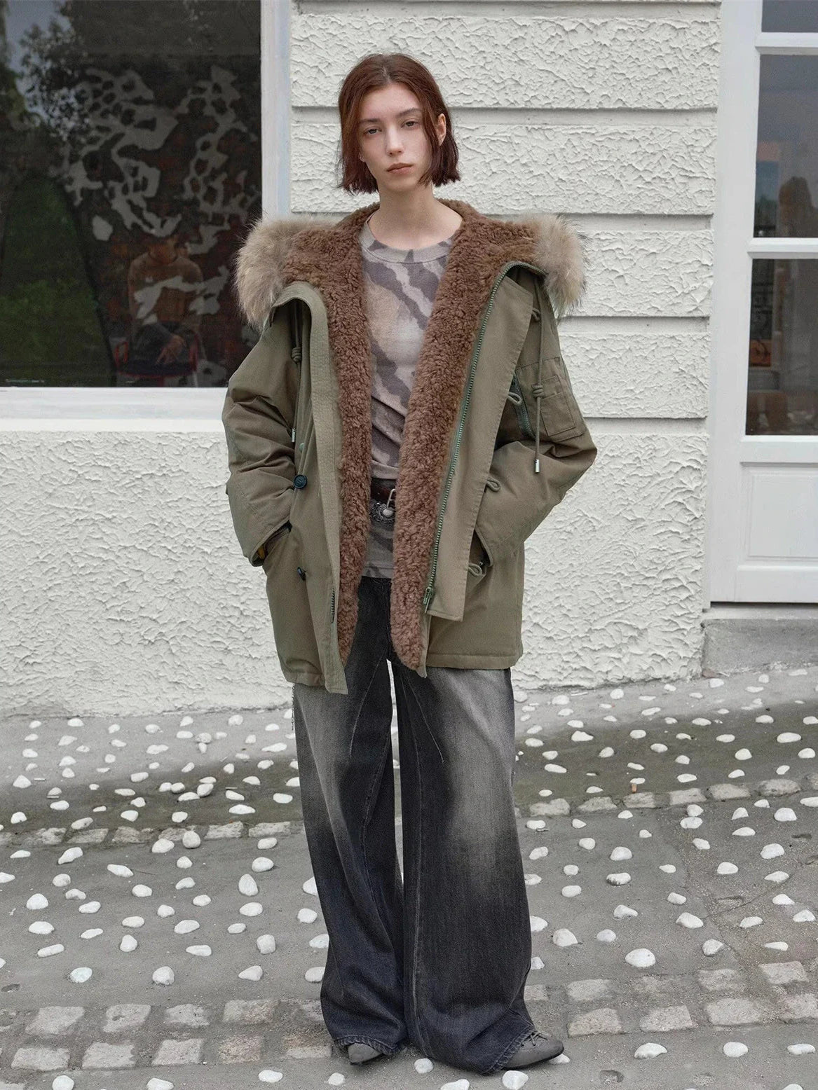 Fireladyfur Coastal Highway II shearling lined down parka side outfit view