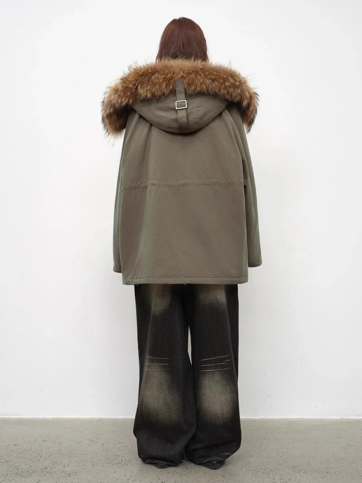 Fireladyfur Coastal Highway II raccoon fur collar parka profile view
