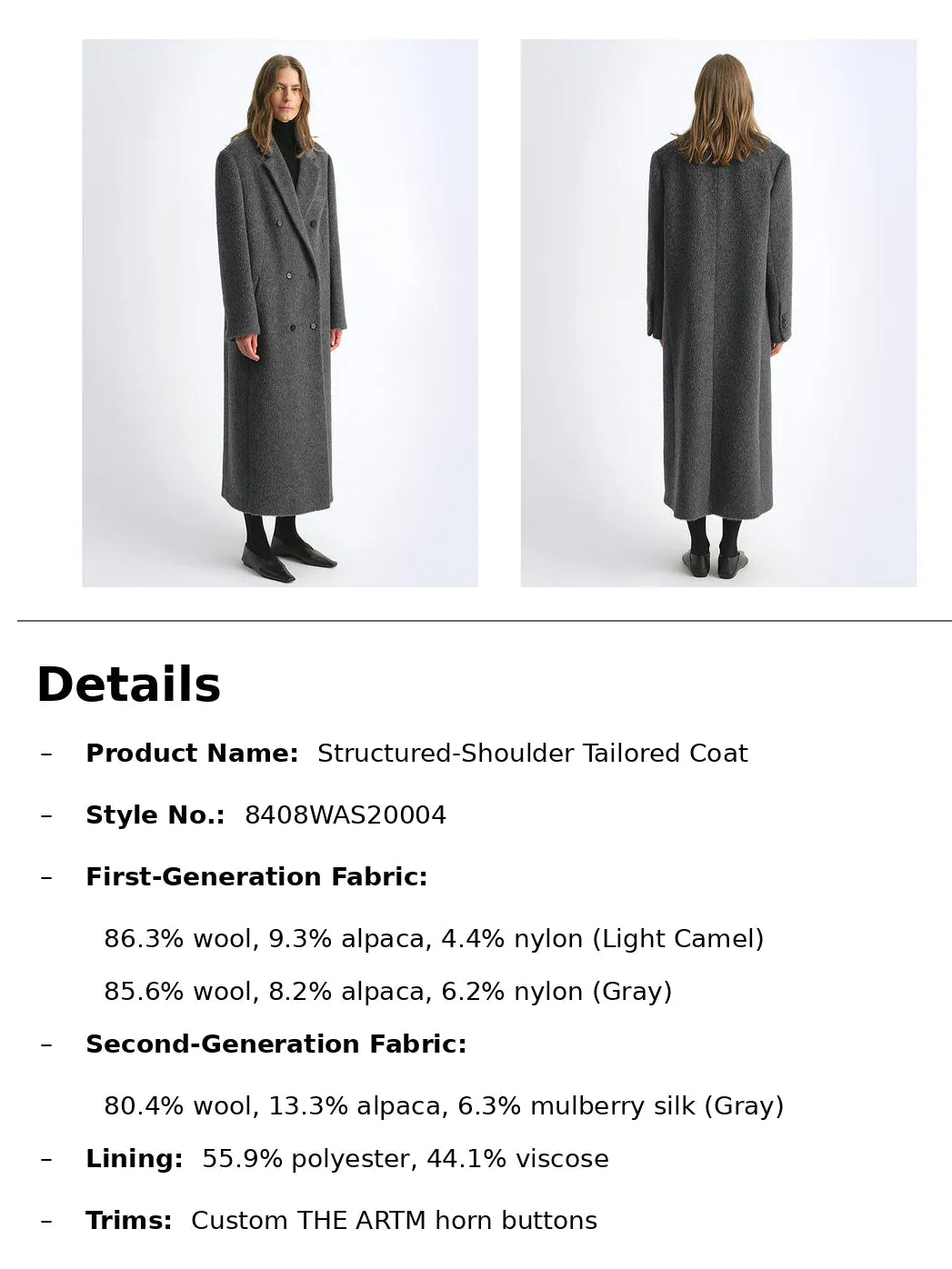 A catalog page showing a woman modeling a long structured coat from front and back, with text detailing the product name, style number, fabric composition, lining, and trim.