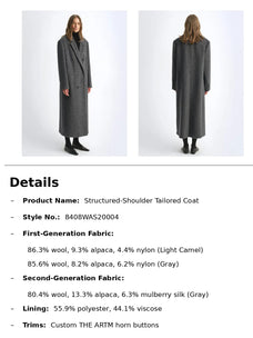 A catalog page showing a woman modeling a long structured coat from front and back, with text detailing the product name, style number, fabric composition, lining, and trim.