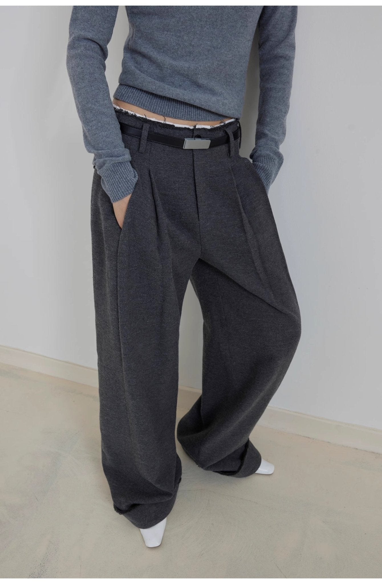 "Commuting Rules" Worsted Wool Blend Waistless Raw Edge Wide Leg Pants Slimming Scimitar Casual Pants - variant_title