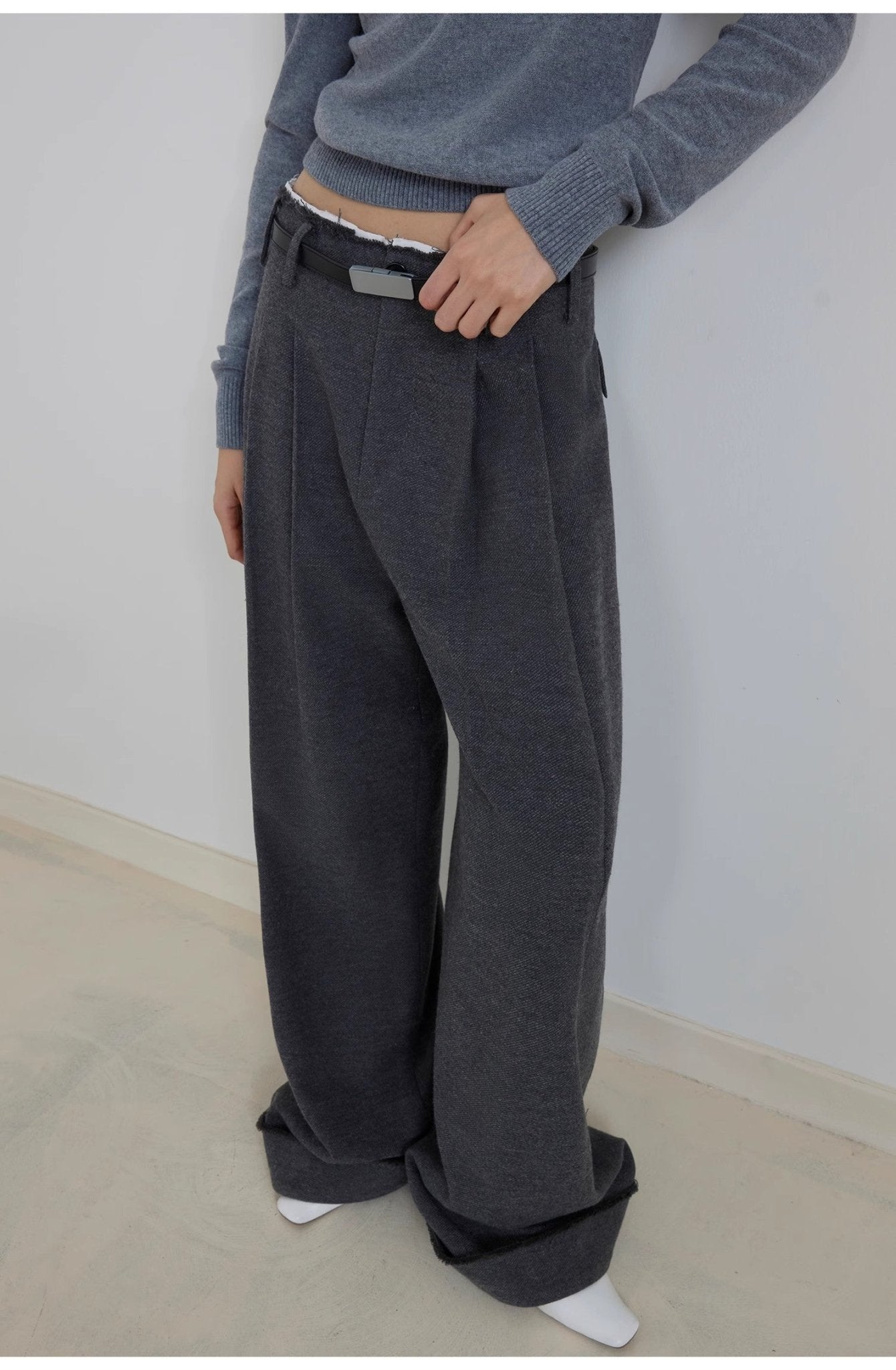 "Commuting Rules" Worsted Wool Blend Waistless Raw Edge Wide Leg Pants Slimming Scimitar Casual Pants - variant_title