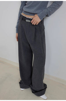 "Commuting Rules" Worsted Wool Blend Waistless Raw Edge Wide Leg Pants Slimming Scimitar Casual Pants - variant_title