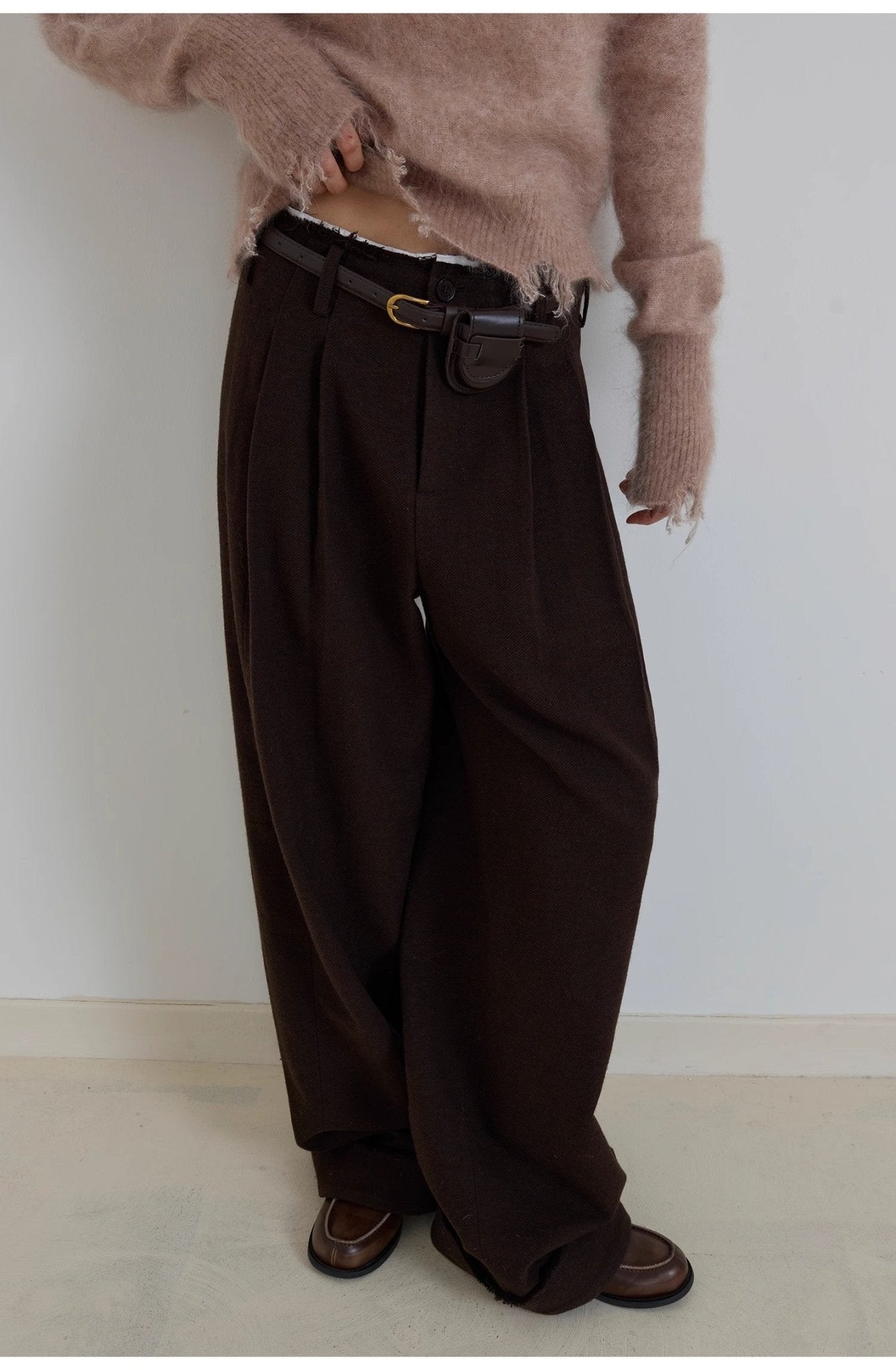 "Commuting Rules" Worsted Wool Blend Waistless Raw Edge Wide Leg Pants Slimming Scimitar Casual Pants - variant_title
