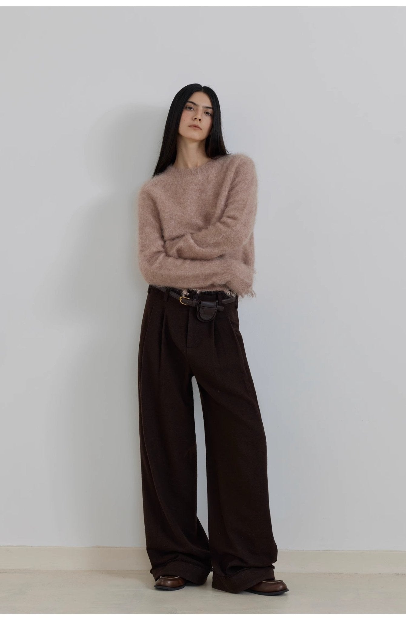 "Commuting Rules" Worsted Wool Blend Waistless Raw Edge Wide Leg Pants Slimming Scimitar Casual Pants - variant_title