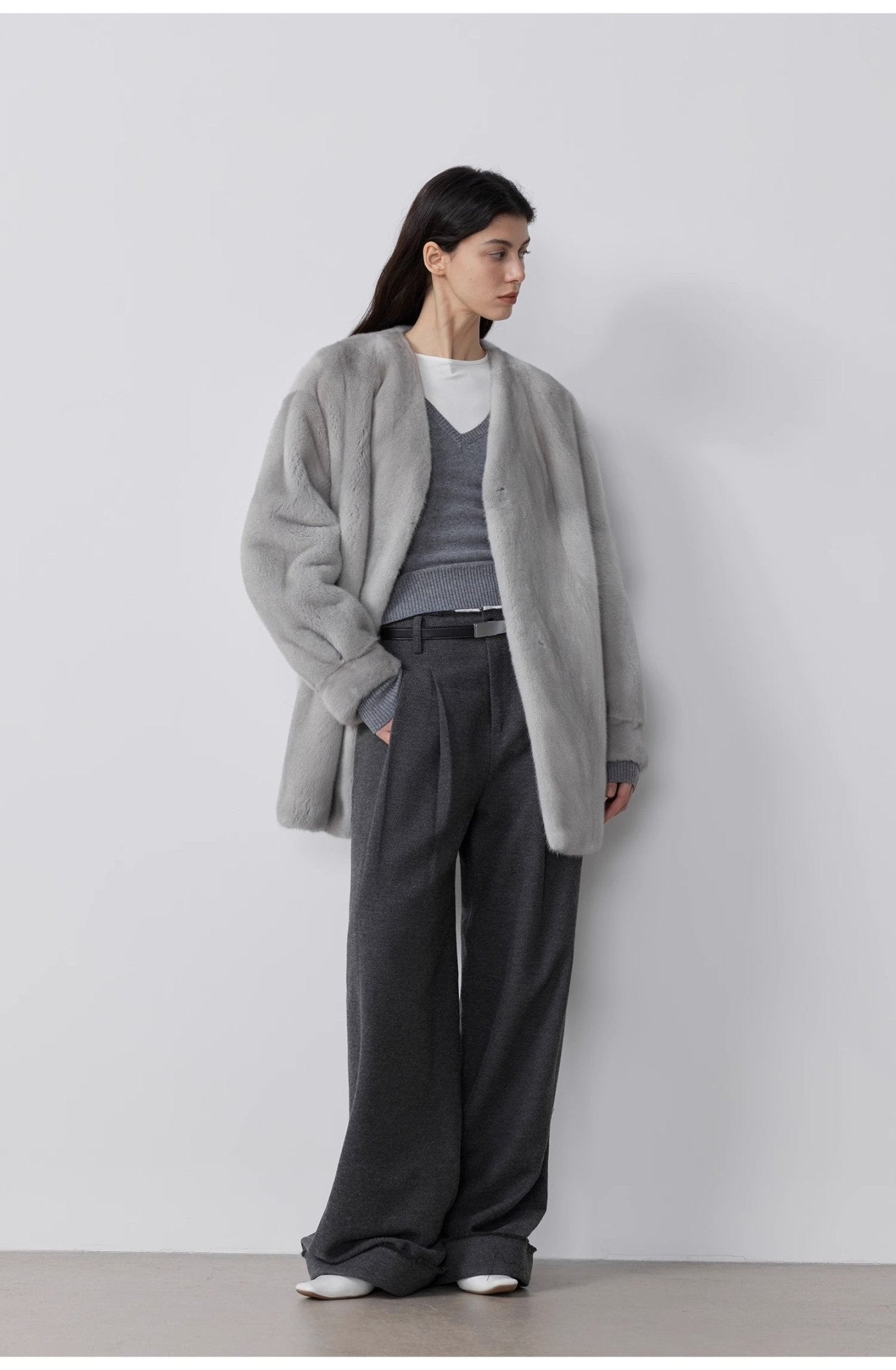 "Commuting Rules" Worsted Wool Blend Waistless Raw Edge Wide Leg Pants Slimming Scimitar Casual Pants - variant_title