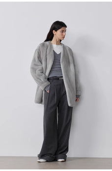 "Commuting Rules" Worsted Wool Blend Waistless Raw Edge Wide Leg Pants Slimming Scimitar Casual Pants - variant_title