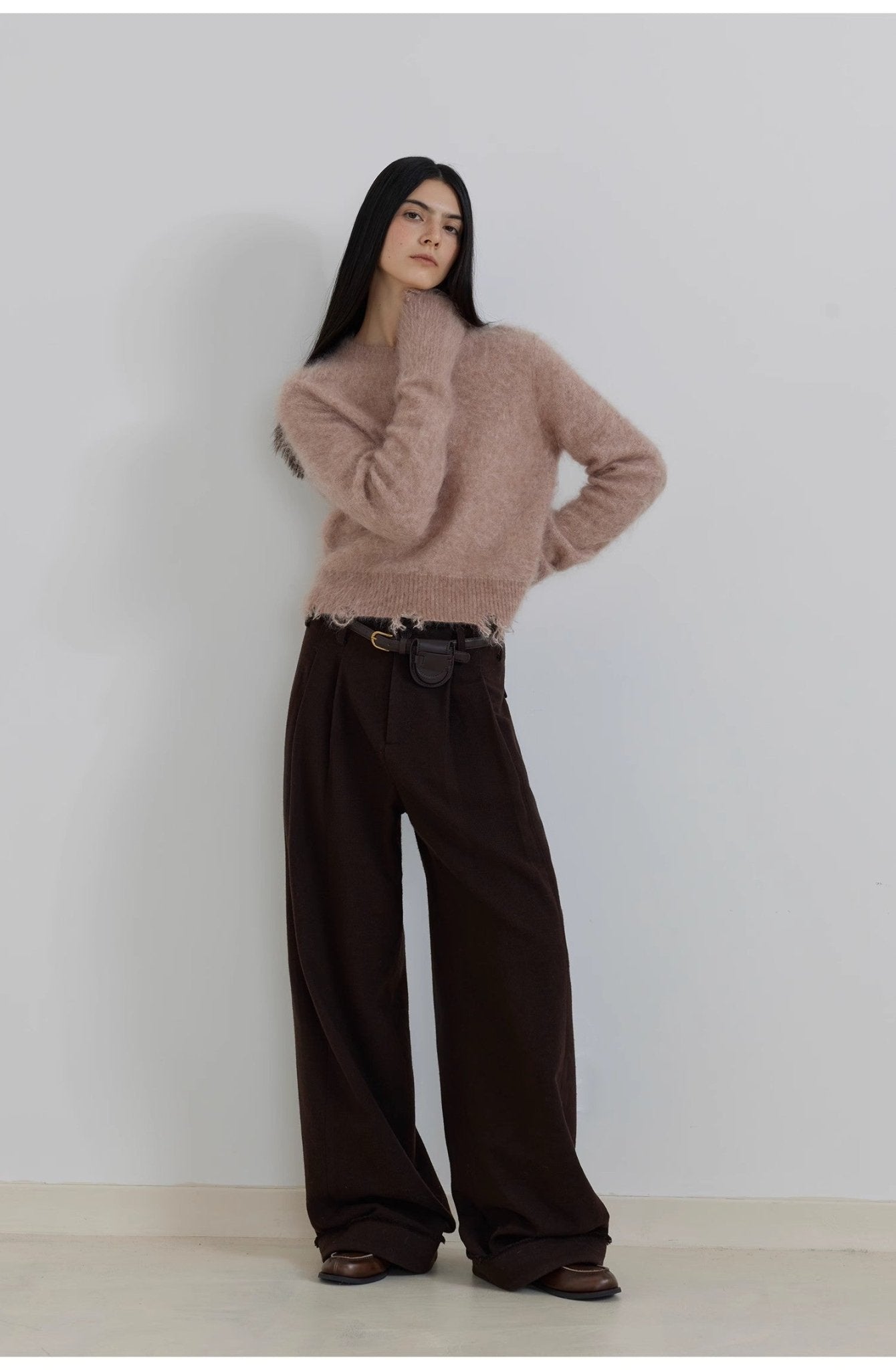 "Commuting Rules" Worsted Wool Blend Waistless Raw Edge Wide Leg Pants Slimming Scimitar Casual Pants - variant_title