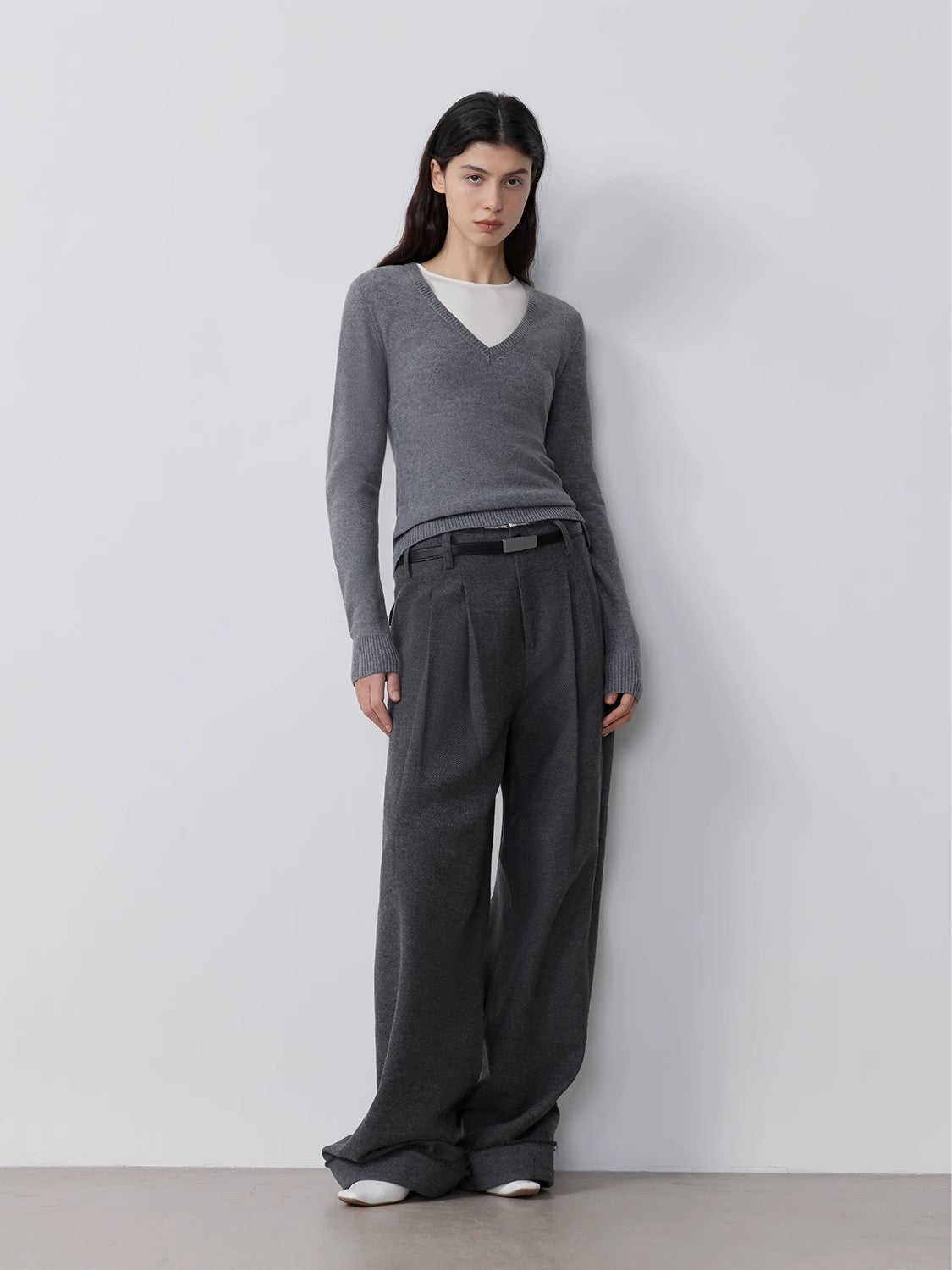 "Commuting Rules" Worsted Wool Blend Waistless Raw Edge Wide Leg Pants Slimming Scimitar Casual Pants - variant_title