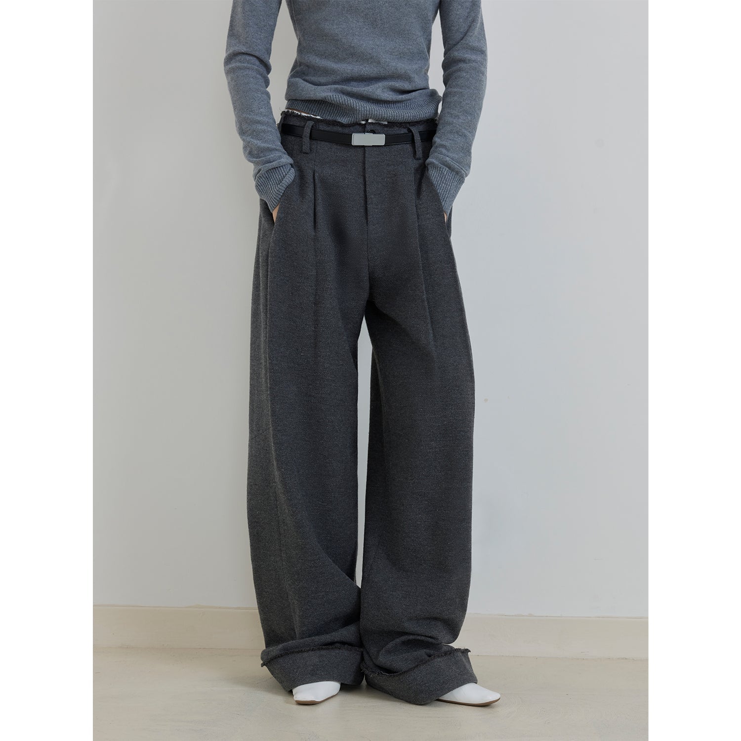 "Commuting Rules" Worsted Wool Blend Waistless Raw Edge Wide Leg Pants Slimming Scimitar Casual Pants - variant_title