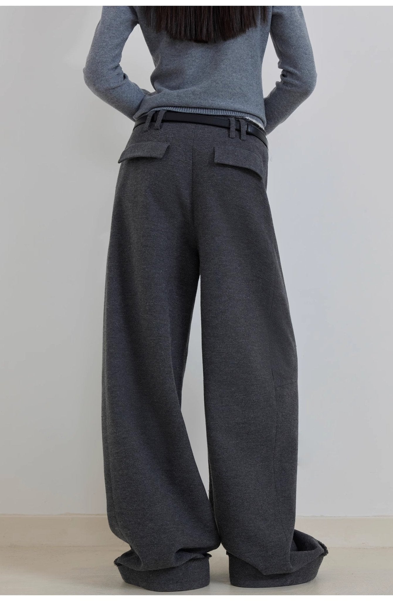 "Commuting Rules" Worsted Wool Blend Waistless Raw Edge Wide Leg Pants Slimming Scimitar Casual Pants - variant_title