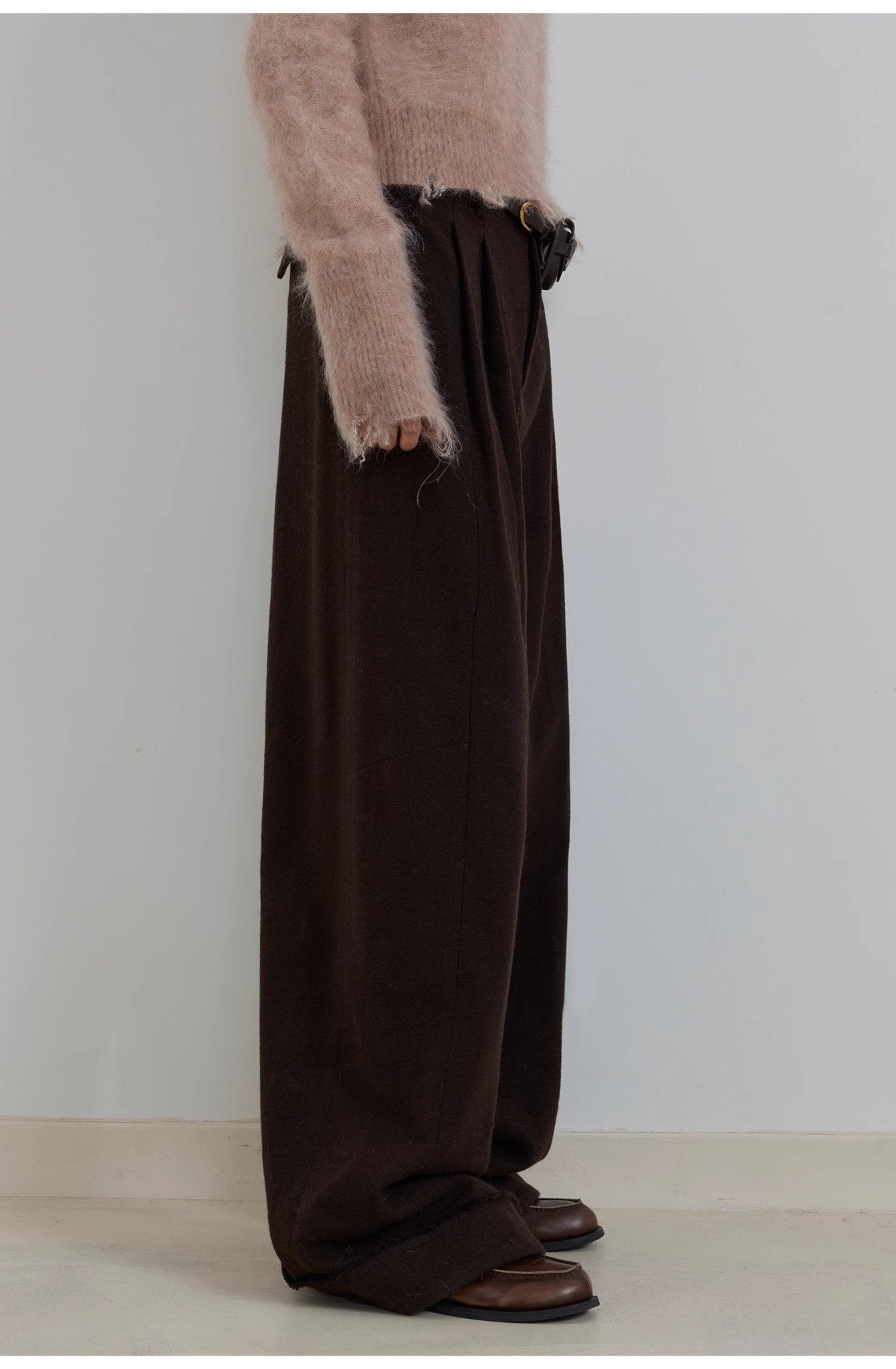 "Commuting Rules" Worsted Wool Blend Waistless Raw Edge Wide Leg Pants Slimming Scimitar Casual Pants - variant_title