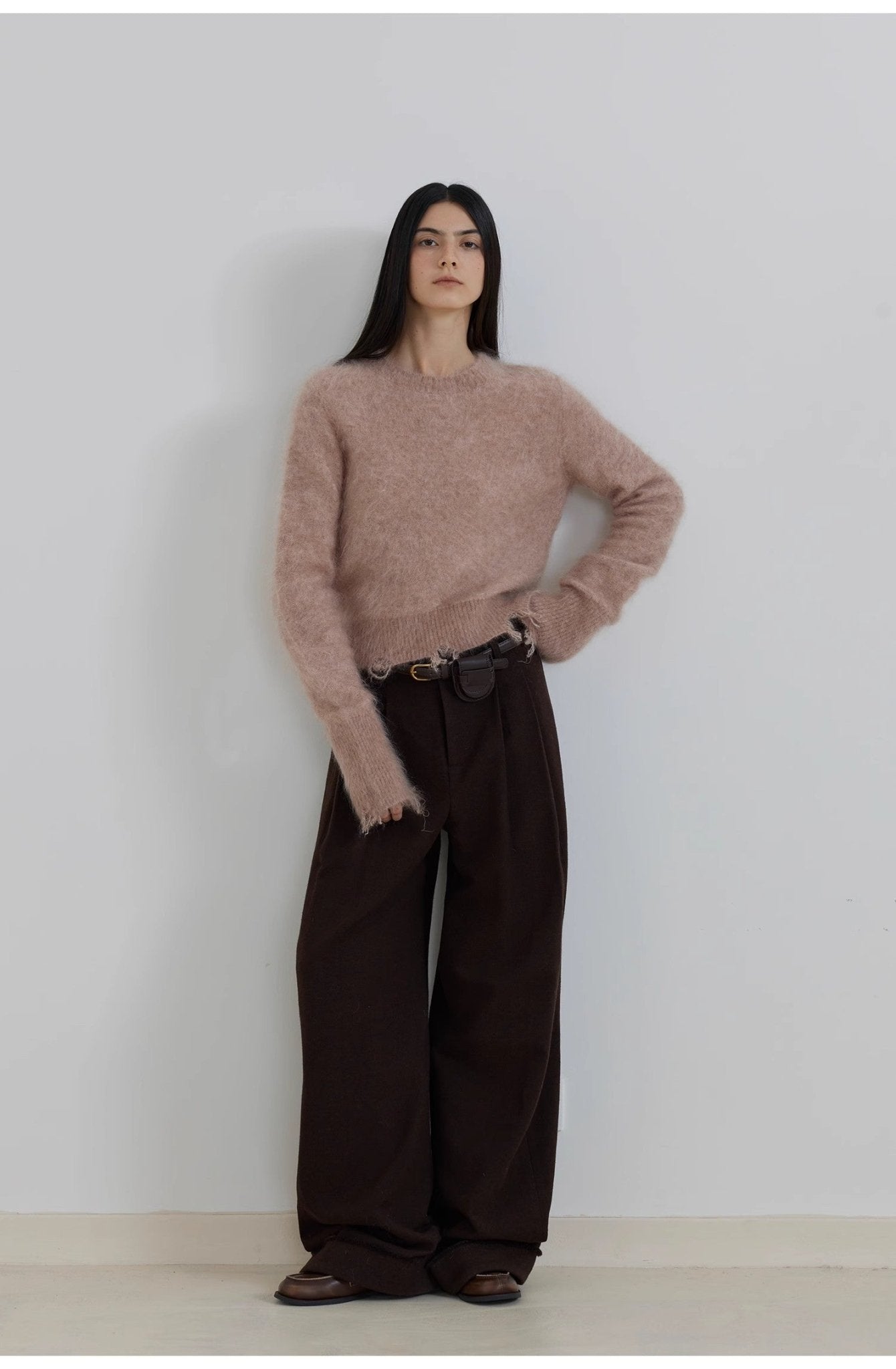 "Commuting Rules" Worsted Wool Blend Waistless Raw Edge Wide Leg Pants Slimming Scimitar Casual Pants - variant_title