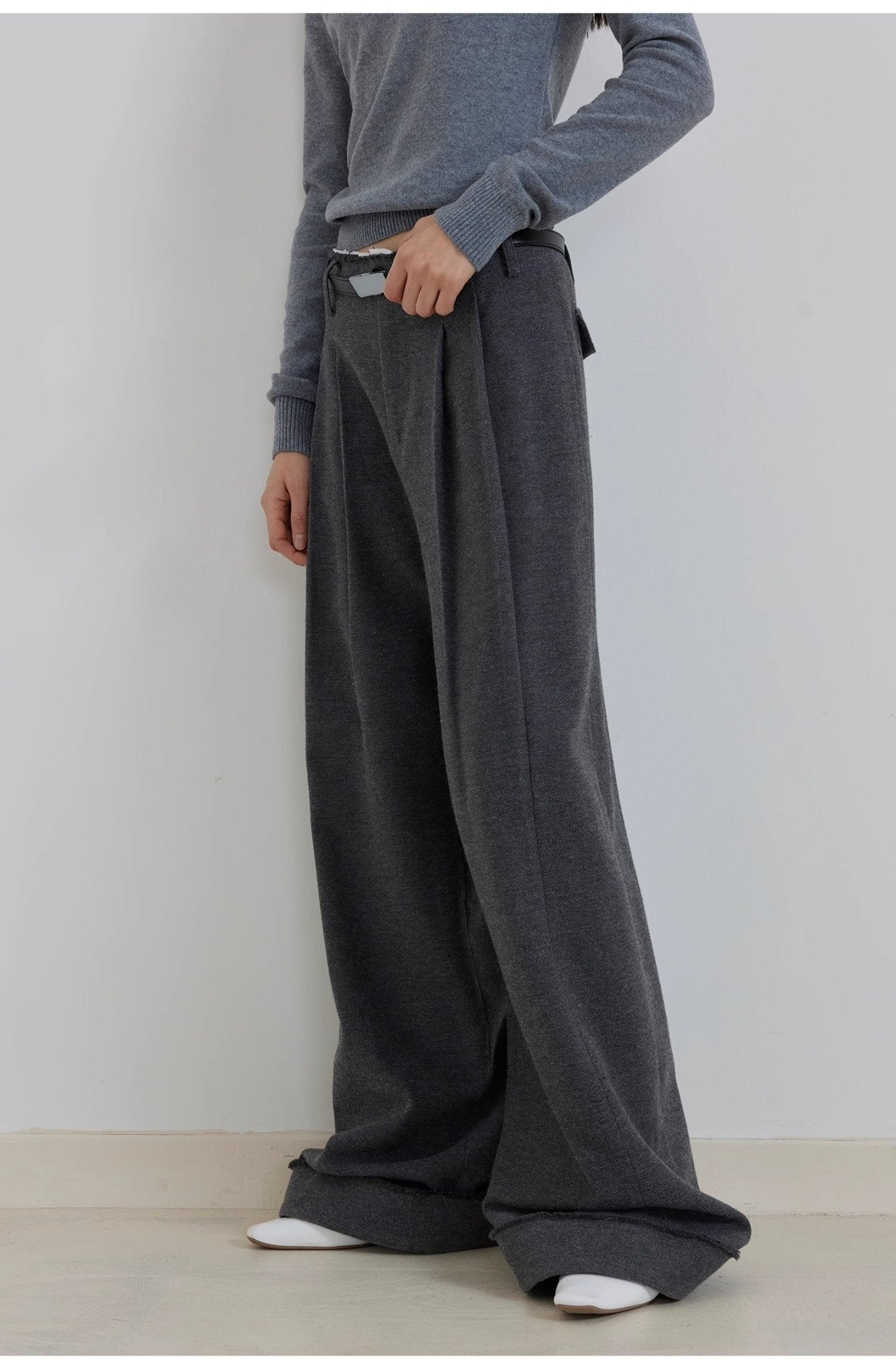 "Commuting Rules" Worsted Wool Blend Waistless Raw Edge Wide Leg Pants Slimming Scimitar Casual Pants - variant_title