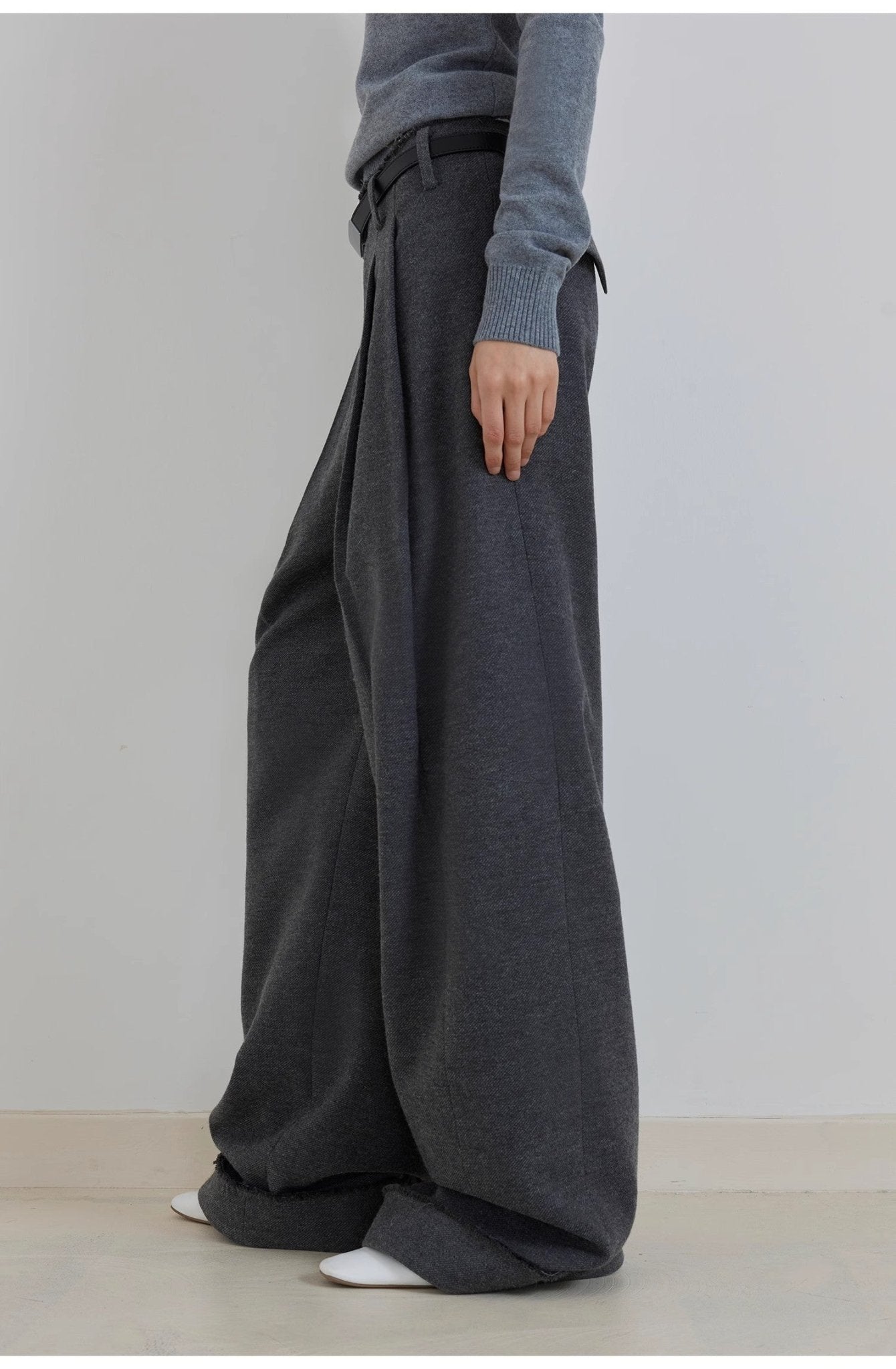 "Commuting Rules" Worsted Wool Blend Waistless Raw Edge Wide Leg Pants Slimming Scimitar Casual Pants - variant_title