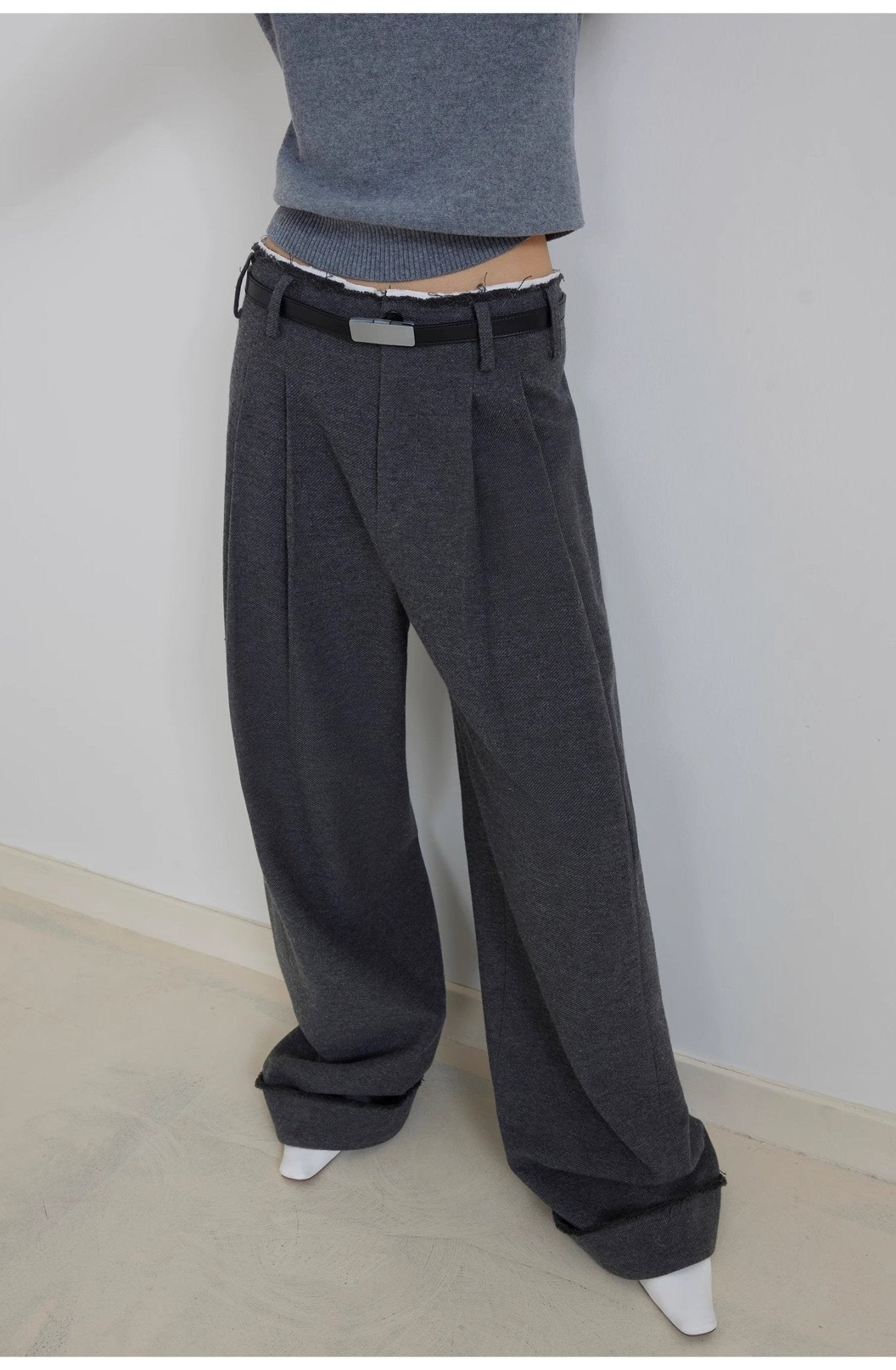 "Commuting Rules" Worsted Wool Blend Waistless Raw Edge Wide Leg Pants Slimming Scimitar Casual Pants - variant_title