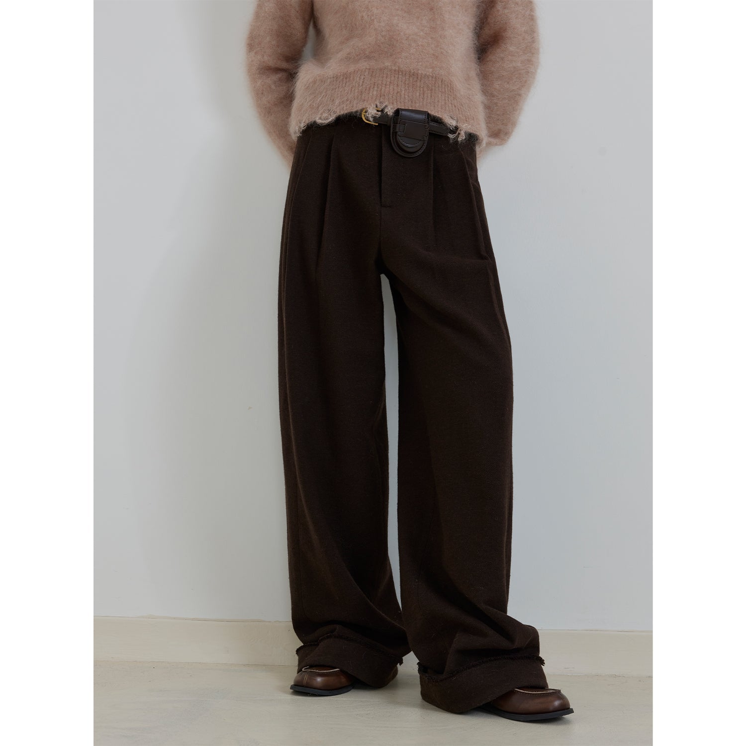 "Commuting Rules" Worsted Wool Blend Waistless Raw Edge Wide Leg Pants Slimming Scimitar Casual Pants - variant_title