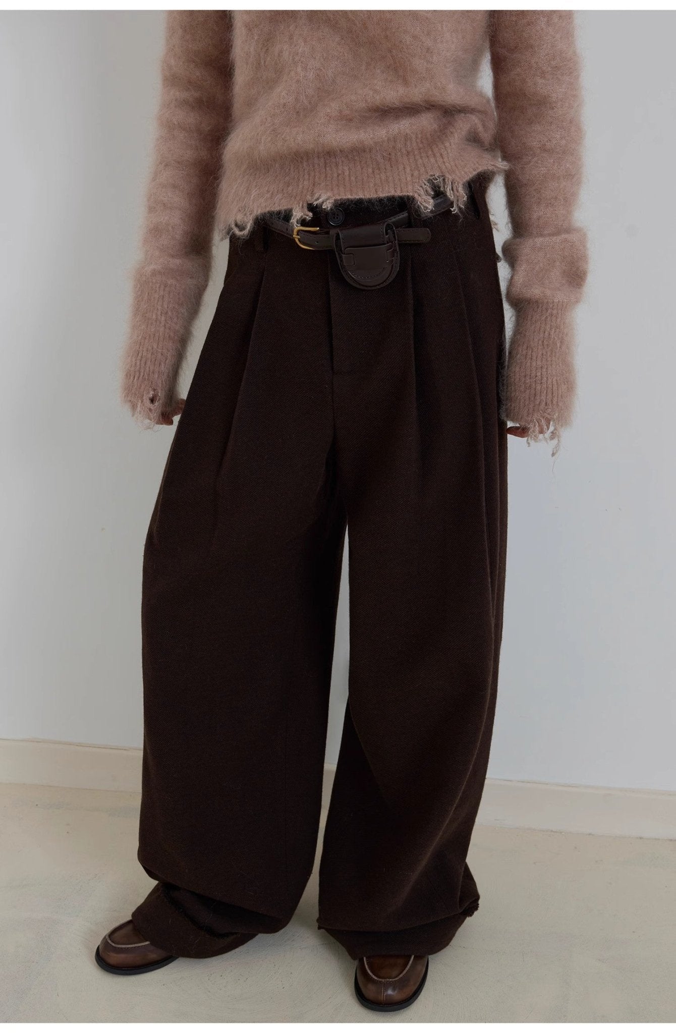 "Commuting Rules" Worsted Wool Blend Waistless Raw Edge Wide Leg Pants Slimming Scimitar Casual Pants - variant_title
