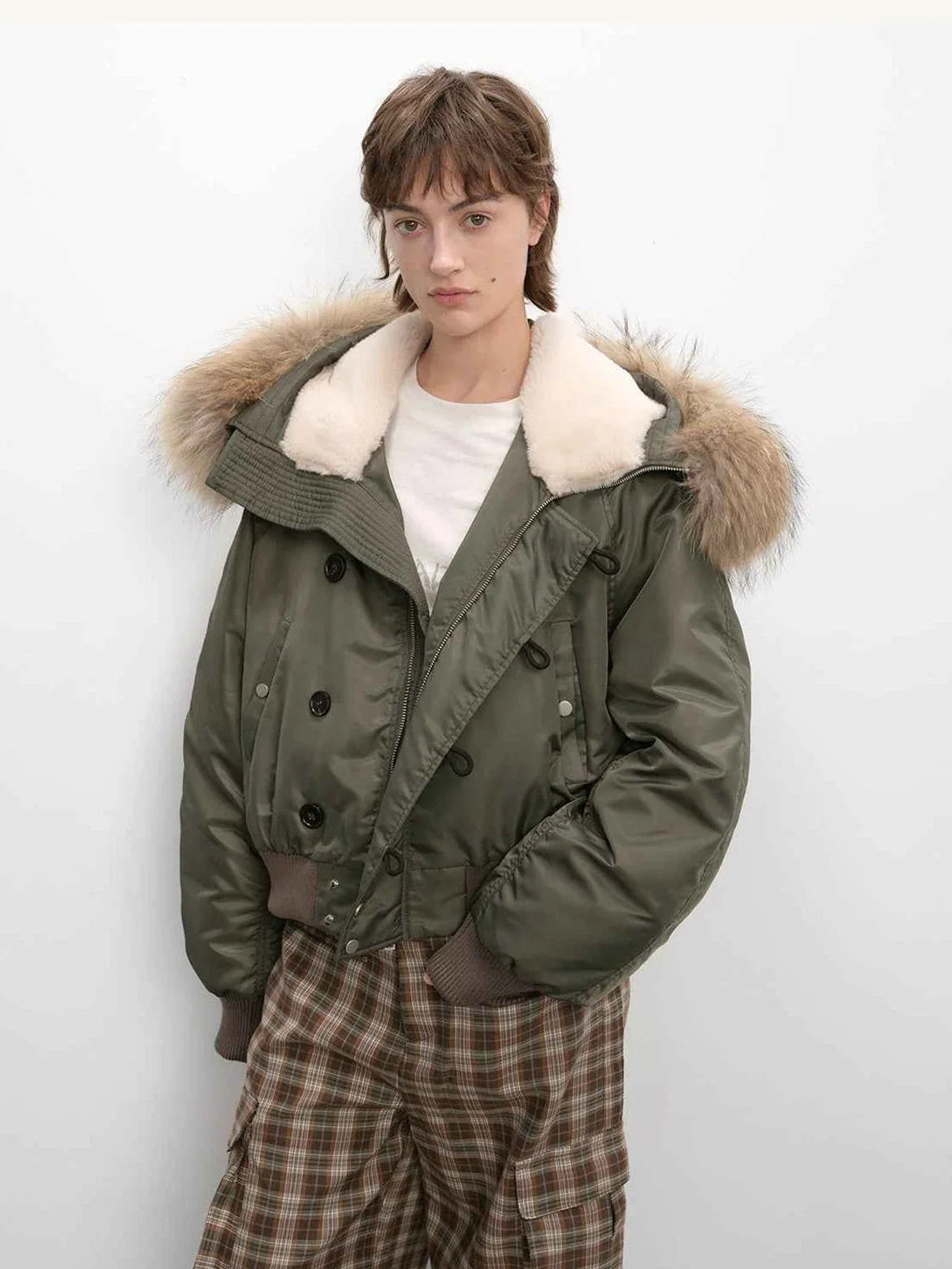 Fireladyfur Cool and Sharp olive gray green short hooded jacket front view
