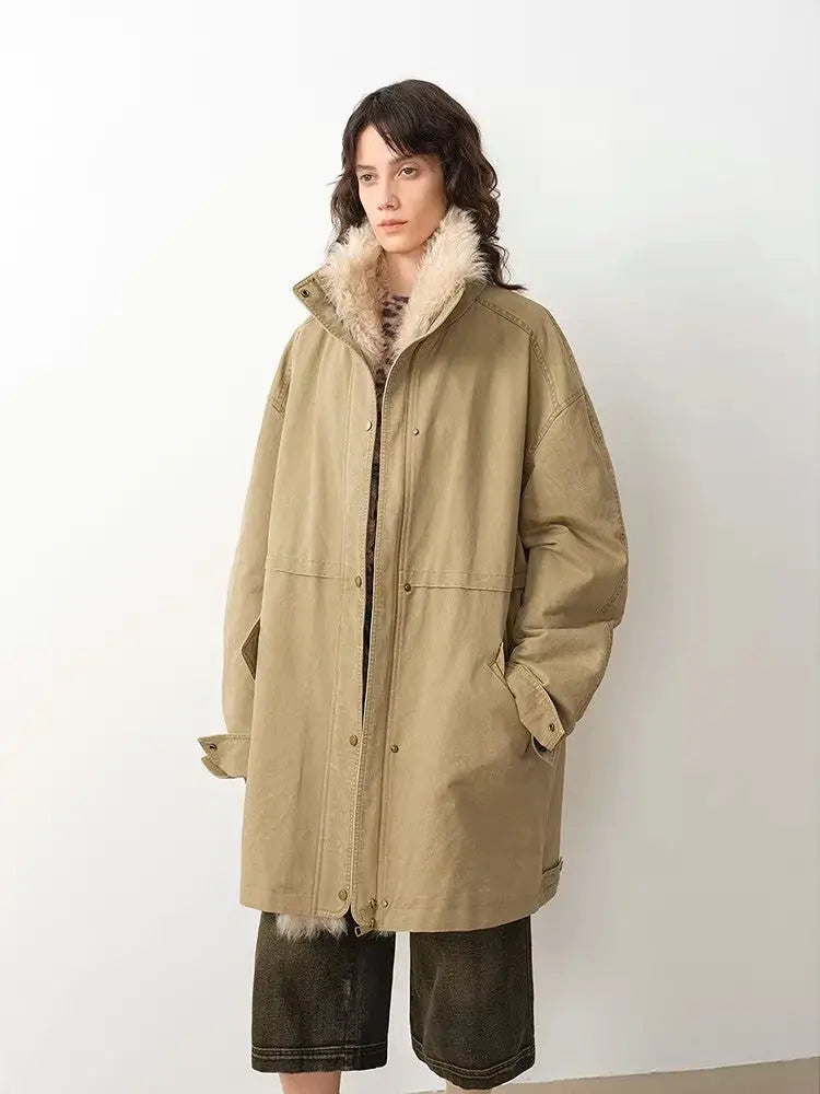 Firelady Fur Cool Denim Fabric khaki hooded down parka front view