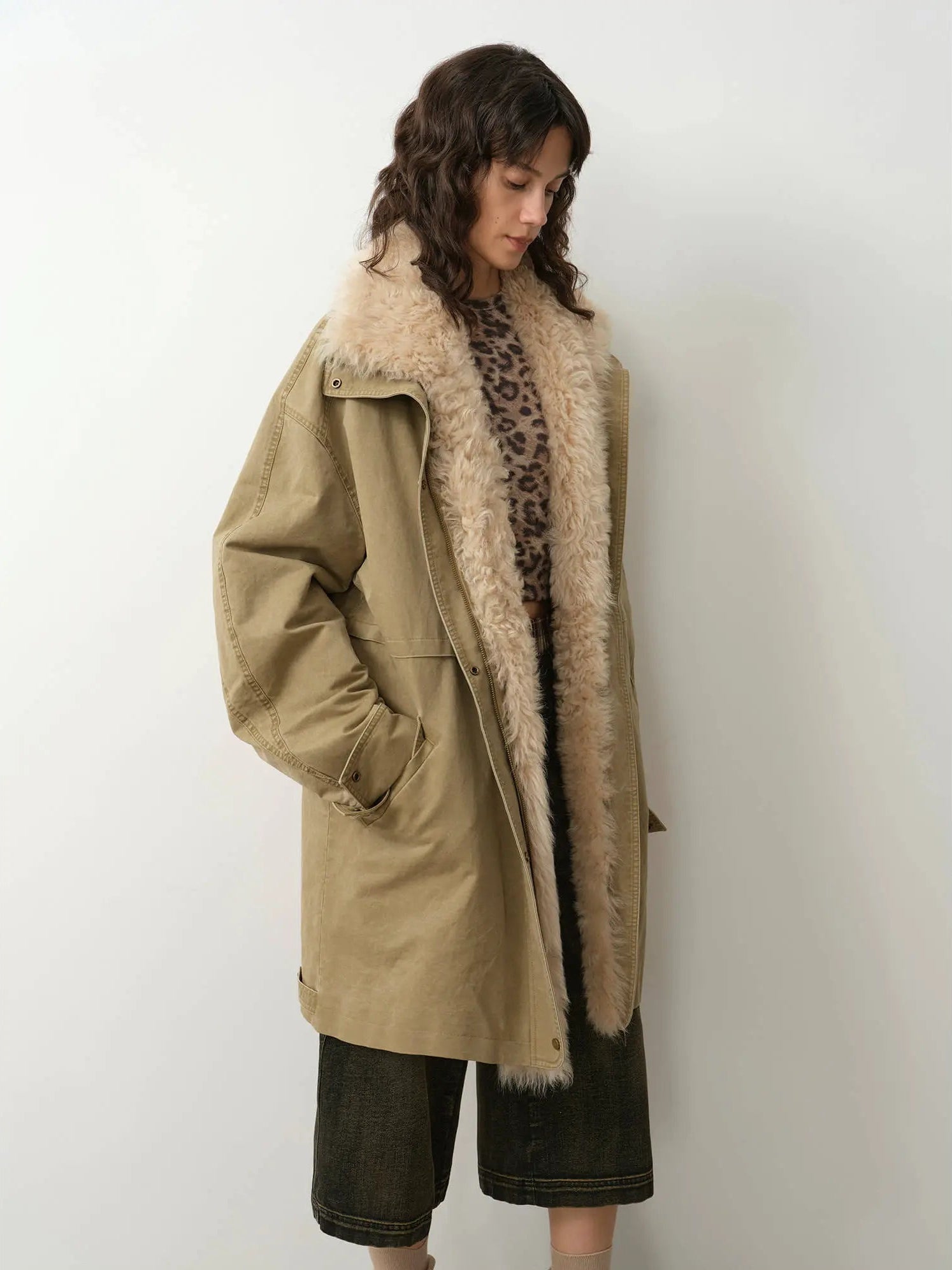 Firelady Fur Cool Denim Fabric khaki shearling collar parka side view
