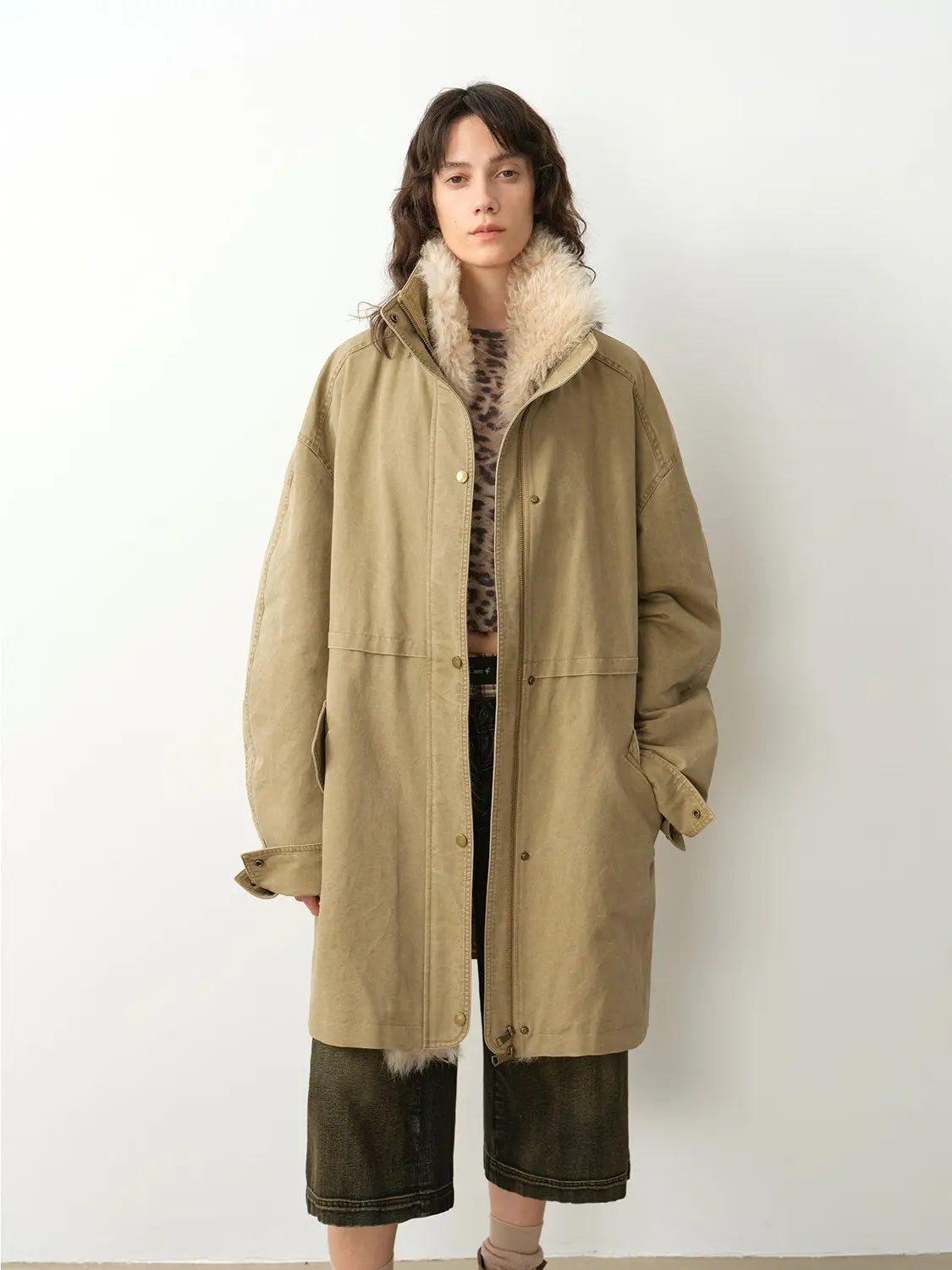 Firelady Fur Cool Denim Fabric khaki goose down parka full-length front view